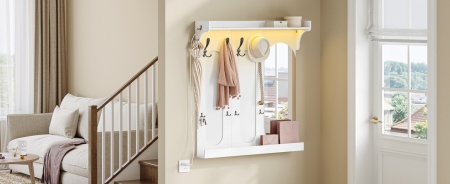 Cuier de perete alb cu LED, 92 cm, cu 10 agatatori haine, cu Oglinda si Raft - CUIA4 - Img 10