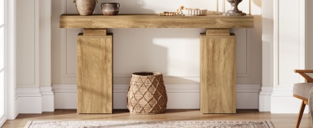 MAM39 - Masa Consola curbata, 120 cm, masuta hol cu rafturi, living, dining, dormitor - Maro - Img 12