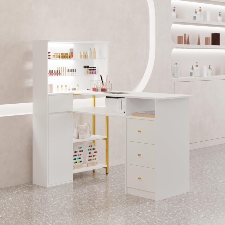 MANIAU211 - Masuta manichiura, 120 cm, birou, masa cosmetica pentru salon cu Aspirator Incorporat, Priza, LED, Sertare si Rafturi - Alb - Auriu - Img 5