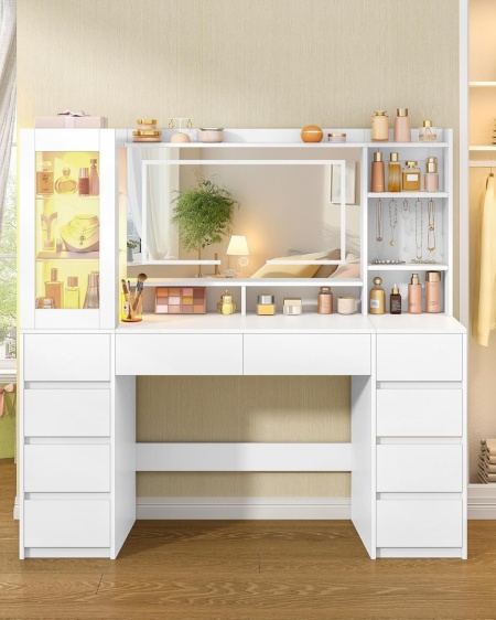 Masuta de machiaj 140 cm, cu Oglinda LED si 10 Sertare pentru Cosmetice, Set Masa toaleta Alba, masuta cosmetica, vanity cu dulapior si rafturi - SEA20 - Img 3