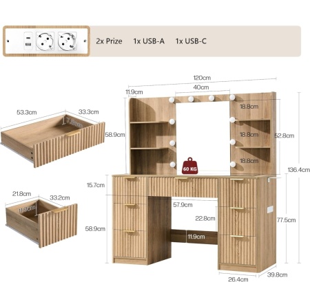 Masuta machiaj 120 cm, Alba sau Maro cu Oglinda LED si 7 Sertare pentru Cosmetice, Set Masa toaleta cu 2 Prize, USB si USB-C, masuta cosmetica, vanity cu Riflaj si Rafturi - SEM25 - Img 3
