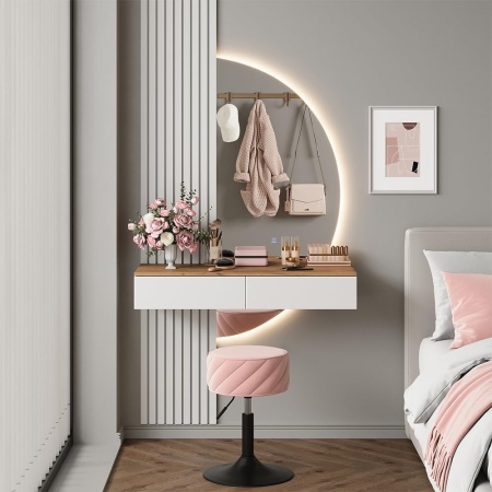 Masuta machiaj alba cu Oglinda LED si 2 Sertare pentru Cosmetice, Set Masa toaleta 100 cm, masuta cosmetica cu Riflaj, vanity - SEA831 - Img 7