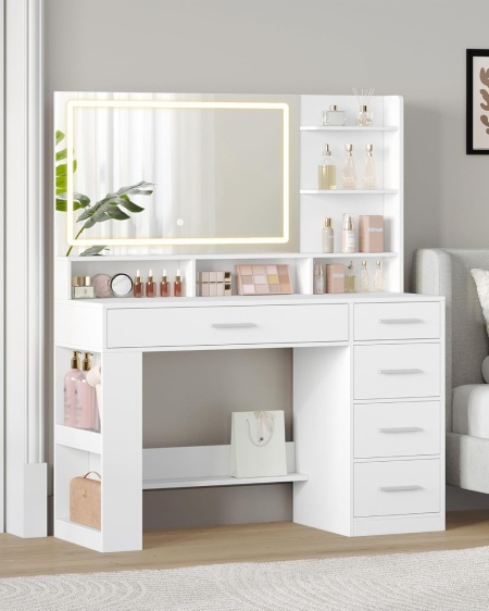 Masuta machiaj cu Oglinda HD LED si 5 Sertare pentru Cosmetice, Set Masa toaleta 108 cm, Alb, masuta cosmetica, vanity - SEA13 - Img 4