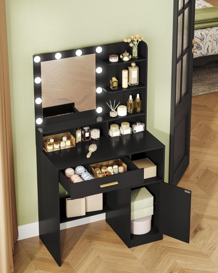 Masuta machiaj cu Oglinda LED si 1 Sertar pentru Cosmetice, Set Masa toaleta 80 cm, Alb / Negru / Gri, masuta cosmetica, vanity - SEG19 - Img 5