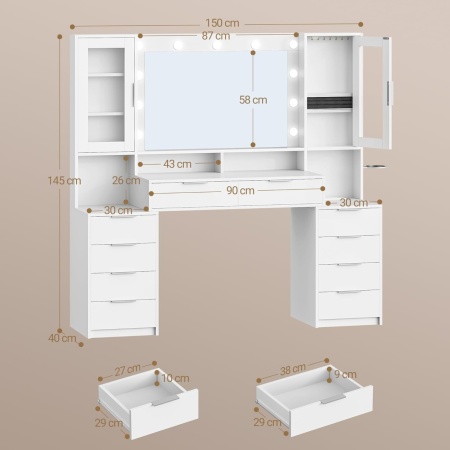 Masuta machiaj cu Oglinda LED si 10 Sertare pentru Cosmetice, Set Masa toaleta 150 cm, Alb, masuta cosmetica cu Priza si USB, vanity cu Suport Uscator de Par si Dulapior Bijuterii - SEA10 - Img 4