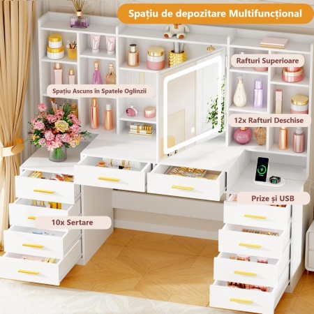 Masuta machiaj cu Oglinda LED si 10 Sertare si Rafturi pentru Cosmetice, Set Masa toaleta 150 cm, Alb, masuta cosmetica cu Priza si USB, vanity cu Dulapior Bijuterii - SEA204 - Img 4