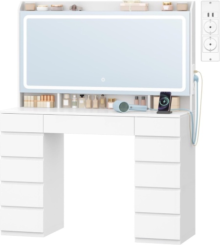 Masuta machiaj cu Oglinda LED si 11 Sertare pentru Cosmetice, Set Masa toaleta 108 cm, Alb, masuta cosmetica, vanity cu Priza si USB - SEA12 - Img 6
