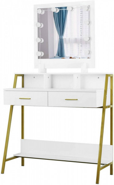 Masuta machiaj cu Oglinda LED si 2 Sertare pentru Cosmetice, Set Masa toaleta 90 cm, Alb, masuta cosmetica, vanity - SEA351 - Img 3