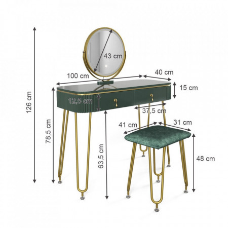 Masuta machiaj cu Oglinda LED si 2 Sertare pentru Cosmetice, Set Masa toaleta 100 cm, masuta cosmetica, vanity - SEV203 - Img 4