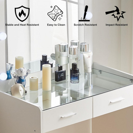 Masuta machiaj cu Oglinda LED si 2 Sertare pentru Cosmetice, Set Masa toaleta 80 cm, Alb, masuta cosmetica, vanity - SEA905 - Img 2