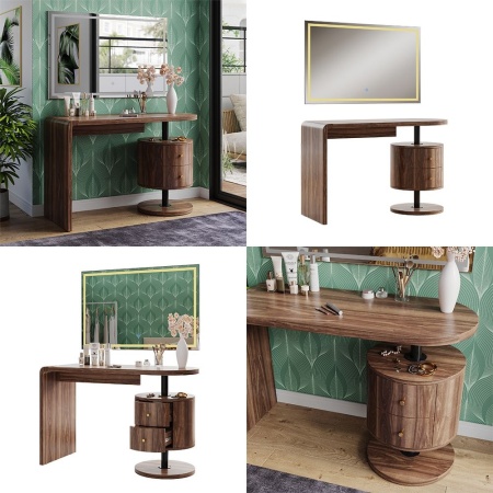 Masuta machiaj cu Oglinda LED si 2 Sertare pentru Cosmetice, Set Masa toaleta 120 cm, Maro, masuta cosmetica, vanity - SEM244 - Img 2