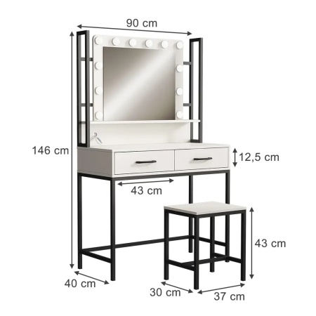 Masuta machiaj cu Oglinda LED si 2 Sertare pentru Cosmetice, Set Masa toaleta 90 cm, Alb, masuta cosmetica, vanity - SEA807 - Img 5