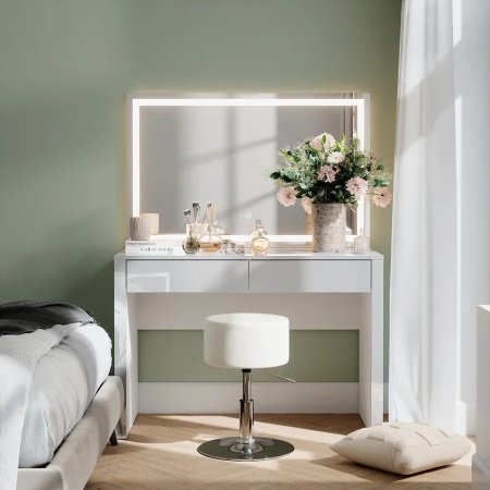 Masuta machiaj cu Oglinda LED si 2 Sertare pentru Cosmetice, Set Masa toaleta 110 cm, Alb Lucios, masuta cosmetica, vanity - SEA813 - Img 6