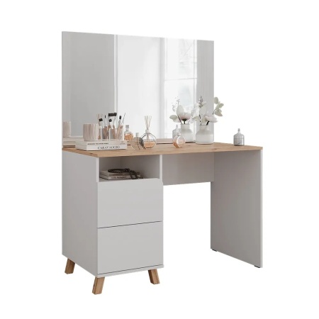 Masuta machiaj cu Oglinda LED si 2 Sertare pentru Cosmetice, Set Masa toaleta 110 cm, Alb, masuta cosmetica, vanity - SEA913 - Img 2