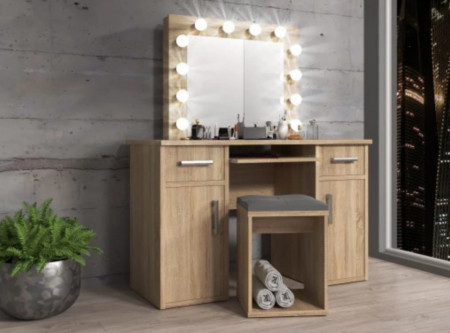 Masuta machiaj cu Oglinda LED si 2 Sertare pentru Cosmetice, Set Masa toaleta 120 cm, Alb, masuta cosmetica, vanity - SEA507 - Img 3