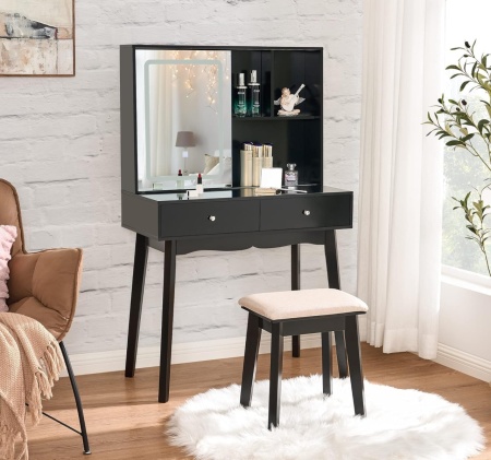 Masuta machiaj cu Oglinda LED si 2 Sertare pentru Cosmetice, Set Masa toaleta 80 cm, masuta cosmetica, vanity - SEN235 - Img 2