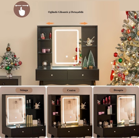 Masuta machiaj cu Oglinda LED si 2 Sertare pentru Cosmetice, Set Masa toaleta 80 cm, masuta cosmetica, vanity - SEN235 - Img 11