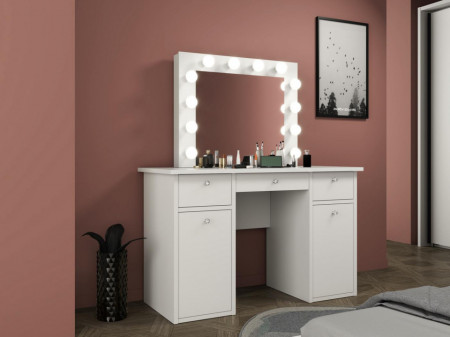 Masuta machiaj cu Oglinda LED si 3 Sertare pentru Cosmetice, Set Masa toaleta 120 cm, Alb, masuta cosmetica, vanity - SEA537 - Img 3