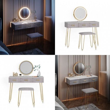 Masuta machiaj cu Oglinda LED si 3 Sertare pentru Cosmetice, Set Masa toaleta 100 cm, Alb, masuta cosmetica, vanity - SEA395 - Img 3
