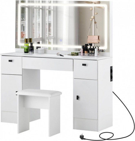 Masuta machiaj cu Oglinda LED si 3 Sertare pentru Cosmetice, Set Masa toaleta 117 cm, Alb, masuta cosmetica, vanity - SEA463 - Img 3