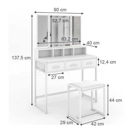 Masuta machiaj cu Oglinda LED si 3 Sertare pentru Cosmetice, Set Masa toaleta 90 cm, Alb, masuta cosmetica, vanity - SEA811 - Img 6