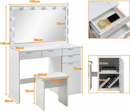 Masuta machiaj cu Oglinda LED si 4 Sertare pentru Cosmetice, Set Masa toaleta 105 cm, Alb, masuta cosmetica, vanity - SEA428 - Img 2