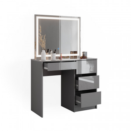 Masuta machiaj cu Oglinda LED si 4 Sertare pentru Cosmetice, Set Masa toaleta 90 cm, Gri, masuta cosmetica, vanity - SEG224 - Img 5