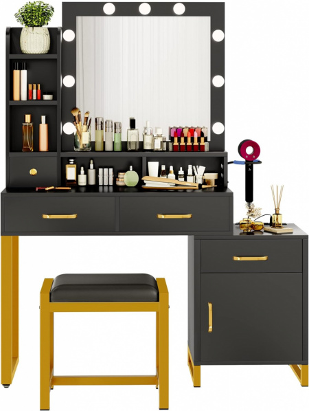 Masuta machiaj cu Oglinda LED si 4 Sertare pentru Cosmetice, Set Masa toaleta 107 cm, Negru, masuta cosmetica, vanity - SEN252 - Img 2