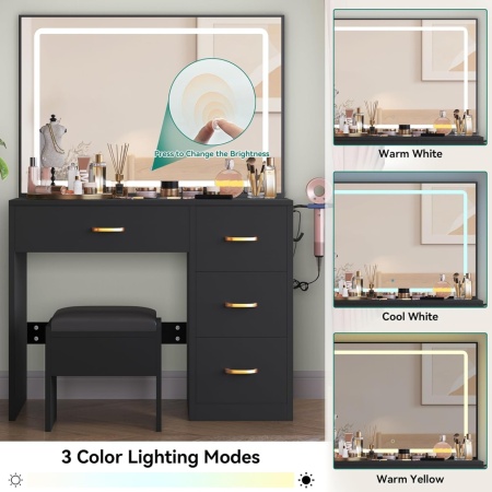 Masuta machiaj cu Oglinda LED si 4 Sertare pentru Cosmetice, Set Masa toaleta 90 cm, masuta cosmetica, vanity - SEN255 - Img 3