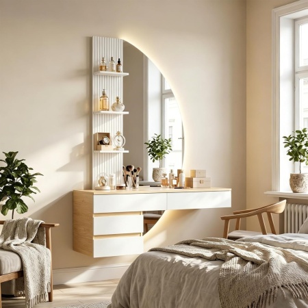 Masuta machiaj cu Oglinda LED si 4 Sertare pentru Cosmetice, Set Masa toaleta 106 cm, Alb - Maro, masuta cosmetica, vanity cu Riflaj si Rafturi - SEM247 - Img 7