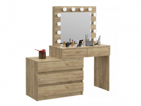 Masuta machiaj cu Oglinda LED si 5 Sertare pentru Cosmetice, Set Masa toaleta 130 cm, Stejar, masuta cosmetica, vanity - SEM512 - Img 2