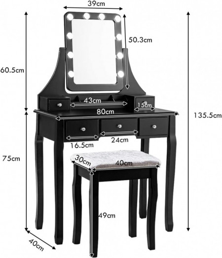 Masuta machiaj cu Oglinda LED si 5 Sertare pentru Cosmetice, Set Masa toaleta 80 cm, masuta cosmetica, vanity - SEN236 - Img 8