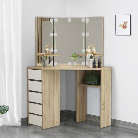 Masuta machiaj cu Oglinda LED si 5 Sertare pentru Cosmetice, Set Masa toaleta 110 cm, Alb, masuta cosmetica, vanity - SEM14 - Img 5