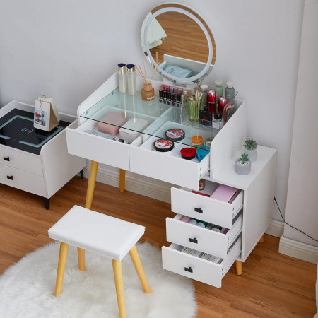 Masuta machiaj cu Oglinda LED si 5 Sertare pentru Cosmetice, Set Masa toaleta 116 cm, Alb, masuta cosmetica, vanity - SEA419 - Img 5
