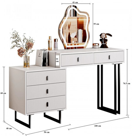Masuta machiaj cu Oglinda LED si 5 Sertare pentru Cosmetice, Set Masa toaleta 140 cm, Alb, masuta cosmetica, vanity - SEA94 - Img 3