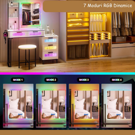 Masuta machiaj cu Oglinda LED si 5 Sertare pentru Cosmetice, Set Masa toaleta 80 cm, Negru, masuta cosmetica, vanity - SEG218 - Img 5