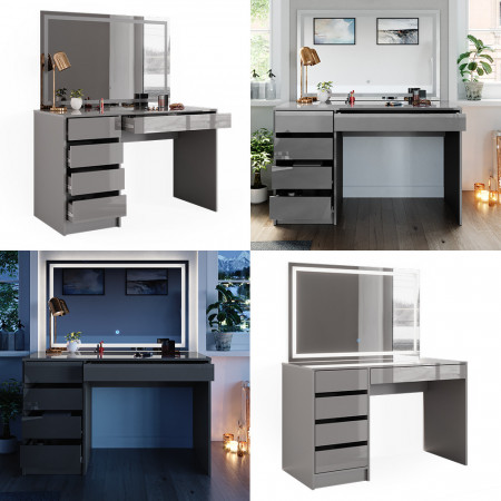 Masuta machiaj cu Oglinda LED si 5 Sertare pentru Cosmetice, Set Masa toaleta 120 cm, Gri, masuta cosmetica, vanity - SEG220 - Img 3