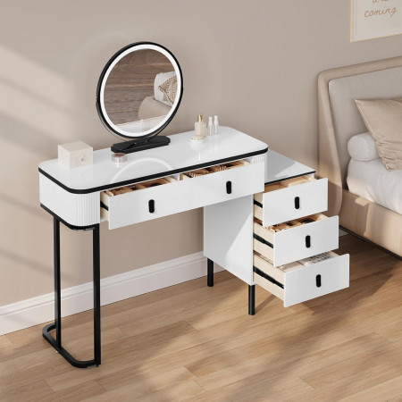 Masuta machiaj cu Oglinda LED si 5 Sertare pentru Cosmetice, Set Masa toaleta 100 cm, Alb, masuta cosmetica, vanity - SEA470 - Img 4