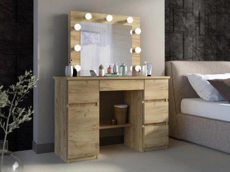 Masuta machiaj cu Oglinda LED si 5 Sertare pentru Cosmetice, Set Masa toaleta 120 cm, Stejar, masuta cosmetica, vanity - SEM522 - Img 6