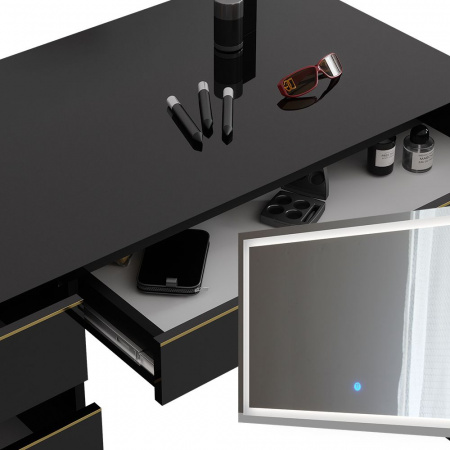 Masuta machiaj cu Oglinda LED si 5 Sertare pentru Cosmetice, Set Masa toaleta 120 cm, Negru, masuta cosmetica, vanity - SEN254 - Img 4