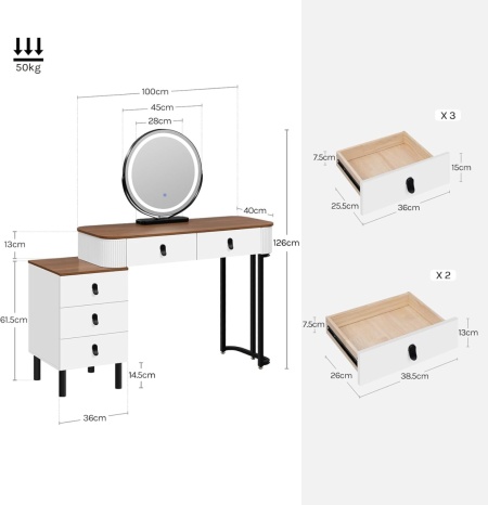 Masuta machiaj cu Oglinda LED si 5 Sertare pentru Cosmetice, Set Masa toaleta 120 cm, Alb, masuta cosmetica, vanity - SEA497 - Img 2