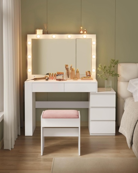 Masuta machiaj cu Oglinda LED si 5 Sertare pentru Cosmetice, Set Masa toaleta 125 cm, Alb, masuta cosmetica, vanity - SEA803 - Img 6