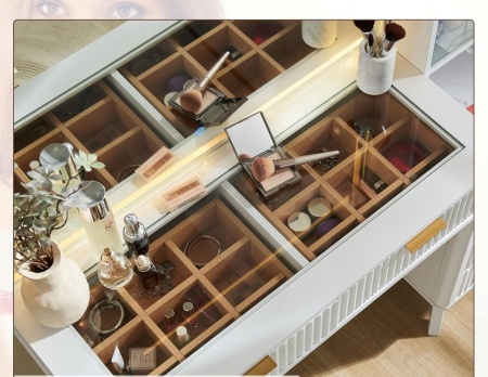 Masuta machiaj cu Oglinda LED si 5 Sertare pentru Cosmetice, Set Masa toaleta 122 cm, Alb, Antracit sau Culoarea Stejar, masuta cosmetica cu Riflaj, vanity - SEM21 - Img 8