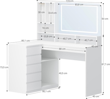 Masuta machiaj cu Oglinda LED si 5 Sertare pentru Cosmetice, Set Masa toaleta 120 cm, Alb, masuta cosmetica, vanity - SEA32 - Img 3