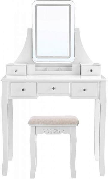 Masuta machiaj cu Oglinda LED si 5 Sertare pentru Cosmetice, Set Masa toaleta 80 cm, Alb, masuta cosmetica, vanity - SEA338 - Img 8