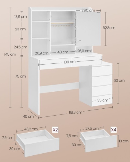 Masuta machiaj cu Oglinda LED si 6 Sertare pentru Cosmetice, Set Masa toaleta 118 cm, Alb, masuta cosmetica, vanity - SEA95 - Img 8