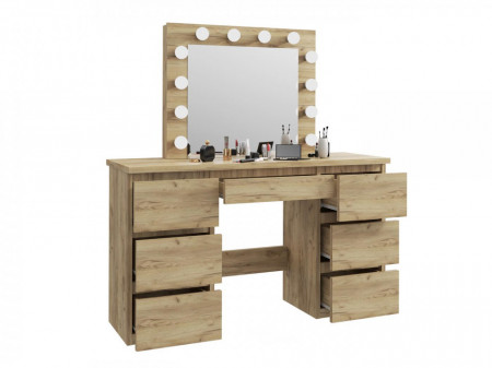 Masuta machiaj cu Oglinda LED si 7 Sertare pentru Cosmetice, Set Masa toaleta 120 cm, Stejar, masuta cosmetica, vanity - SEM508 - Img 5