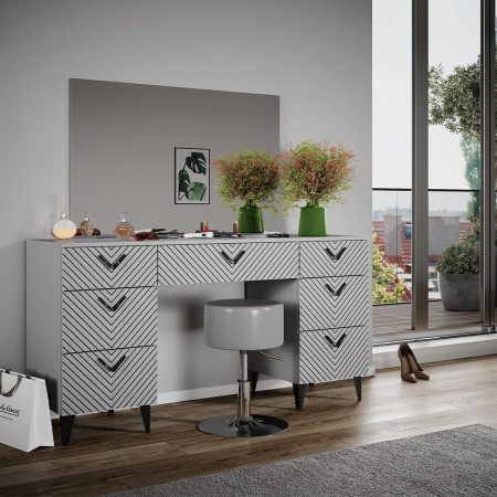 Masuta machiaj cu Oglinda LED si 7 Sertare pentru Cosmetice, Set Masa toaleta 150 cm, Gri, masuta cosmetica, vanity - SEG213 - Img 4