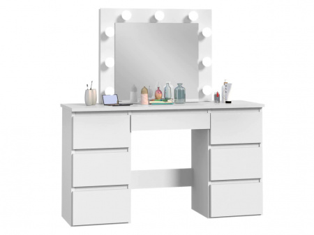 Masuta machiaj cu Oglinda LED si 7 Sertare pentru Cosmetice, Set Masa toaleta 120 cm, Alb, masuta cosmetica, vanity - SEA552 - Img 5