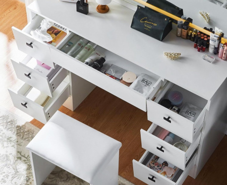 Masuta machiaj cu Oglinda LED si 7 Sertare pentru Cosmetice, Set Masa toaleta 117 cm, Alb, masuta cosmetica, vanity - SEA475 - Img 4